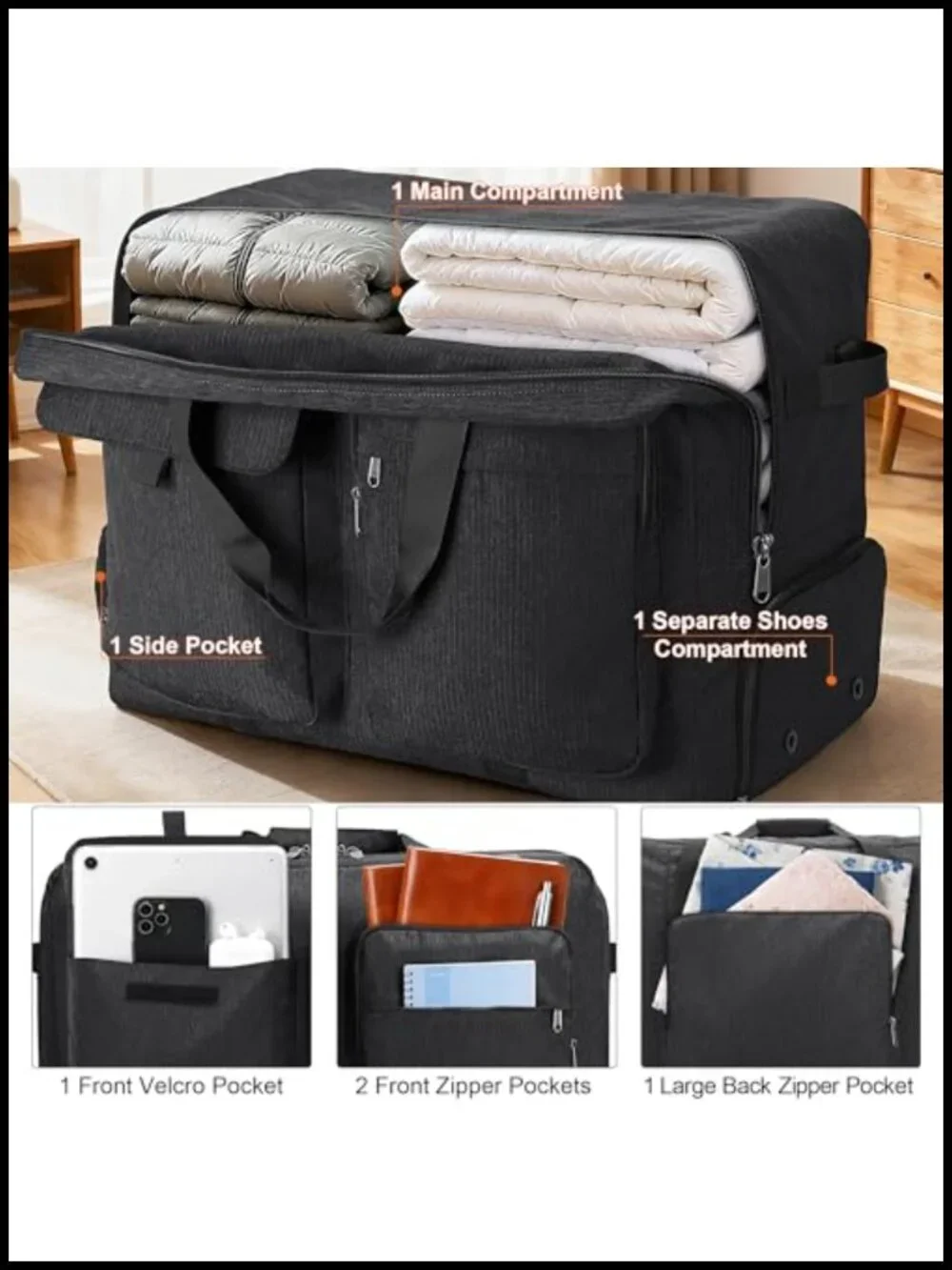 Large Foldable Duffle Bag 80L Waterproof Travel Weekender with Shoe Compartment
